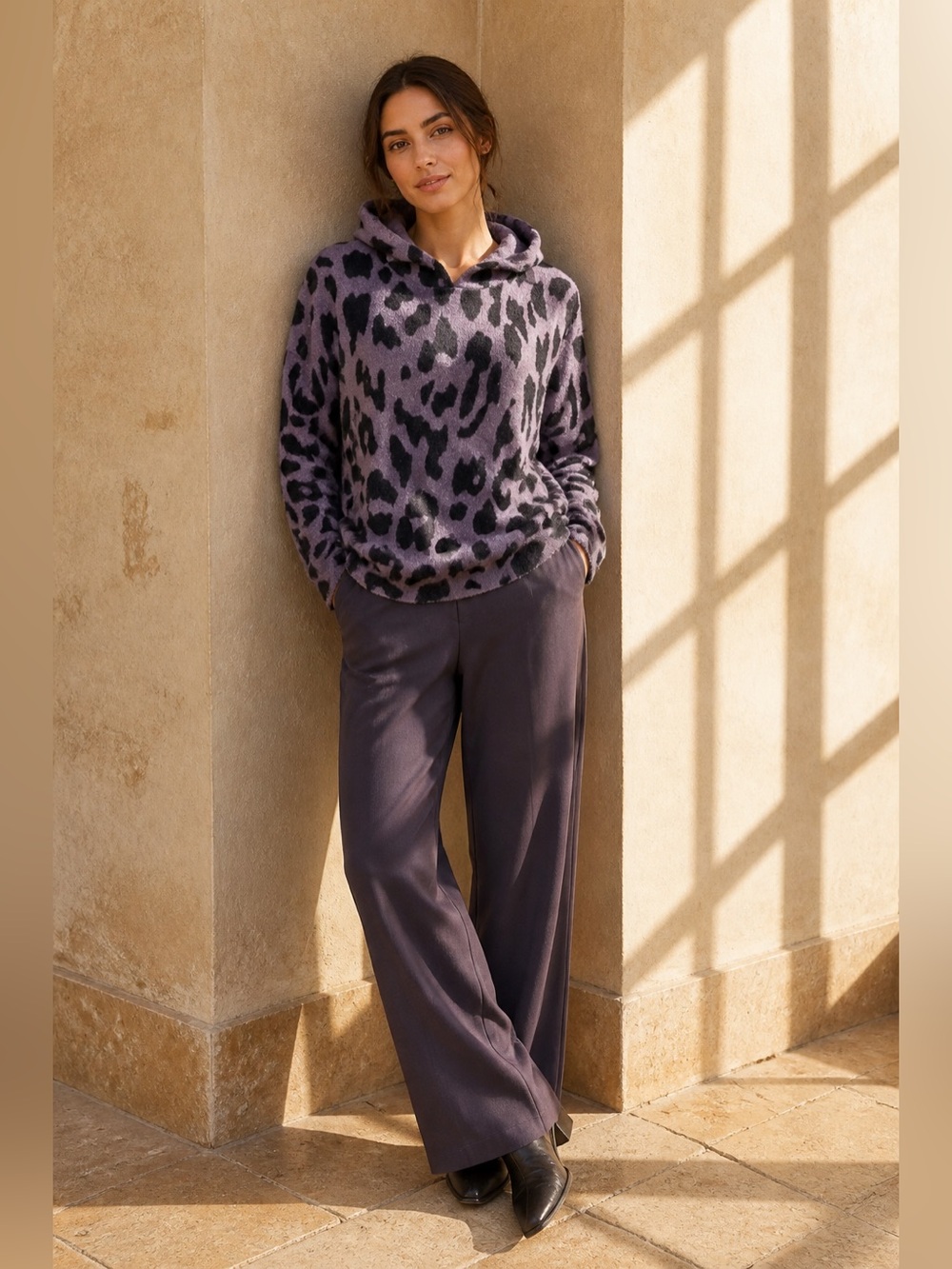Skull Cashmere Lavender Leopard Knit Hoodie Sweater in 100% Cashmere.